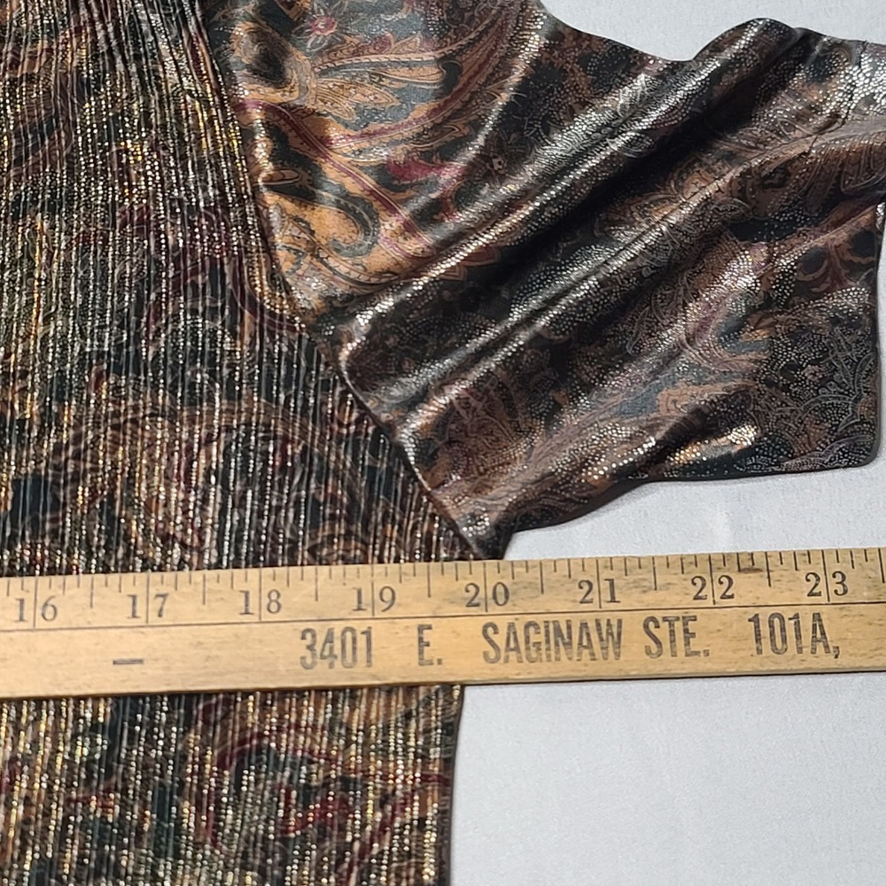Paisley Pleated Metallic Blouse Womens L Bronze Gold Short Sleeve Top Glam - Picture 7 of 7